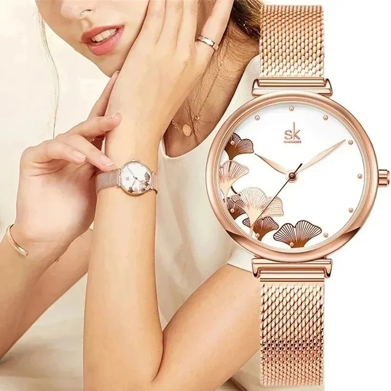 Luxury Women's Ginkgo Leaf Wat - Stainless Mesh Band ulasan dan harga
