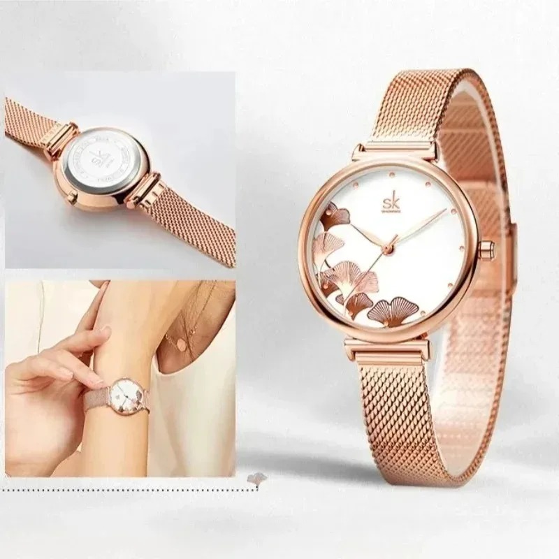 Luxury Women's Ginkgo Leaf Wat - Stainless Mesh Band ulasan dan harga
